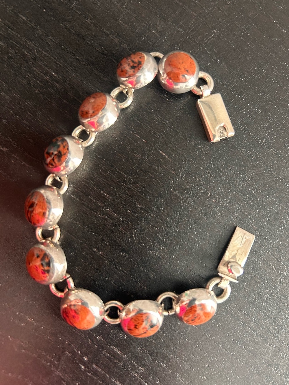 7” Red Jasper & Sterling Silver Cabochon Articulated Link Bracelet 925 Vintage! - Picture 5 of 9